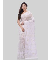 DESH BIDESH Women`s Phulkari Resham Dhakai jamdani Bengal Pure Cotton Handloom Saree Whole Body Design without Blouse Piece (Off White)